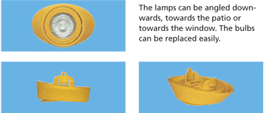 The lamps can be angled downwards, towards the patio or towards the window. The bulbs can be replaced easily.